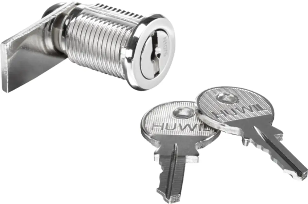 Zylinderschloss von Oventrop mit zwei Schlüsseln, metallisch glänzend, montiert mit einem rechteckigen Plättchen zur Befestigung. Ideal für Verteilerschränke.